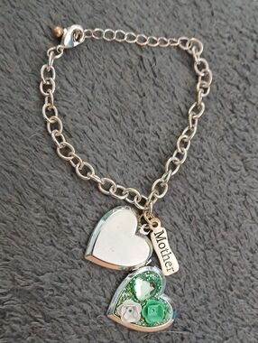 Silver Tone 'Mother' Heart Locket Bracelet with Green Accent
